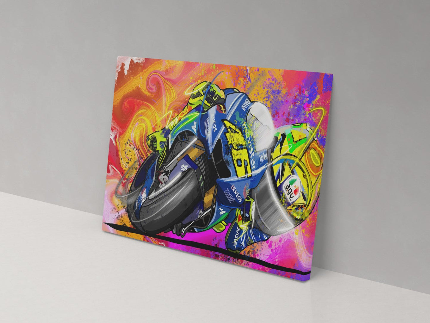 Valentino Rossi number 46 low-angle motorcycle racing artwork on a 14 × 20-inch canvas print