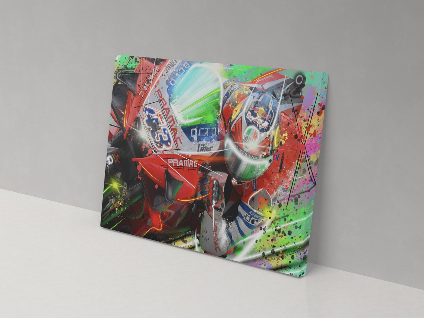 Jack Miller number 43 motorcycle racing artwork on a 14 × 20-inch canvas print