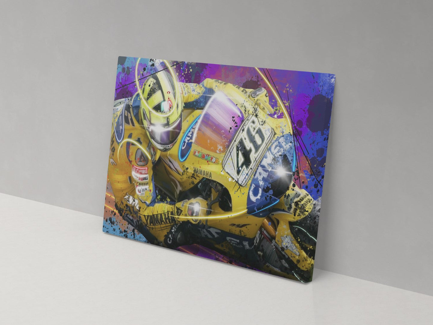 Valentino Rossi number 46 Yamaha motorcycle racing artwork on a 14 × 20-inch canvas print
