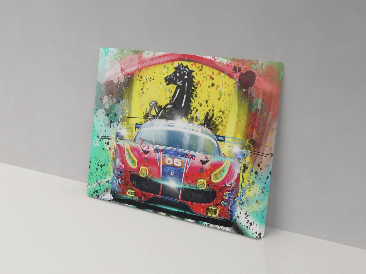 A canvas print featuring a colorful artistic depiction of a Ferrari race car with abstract and splash painting elements.