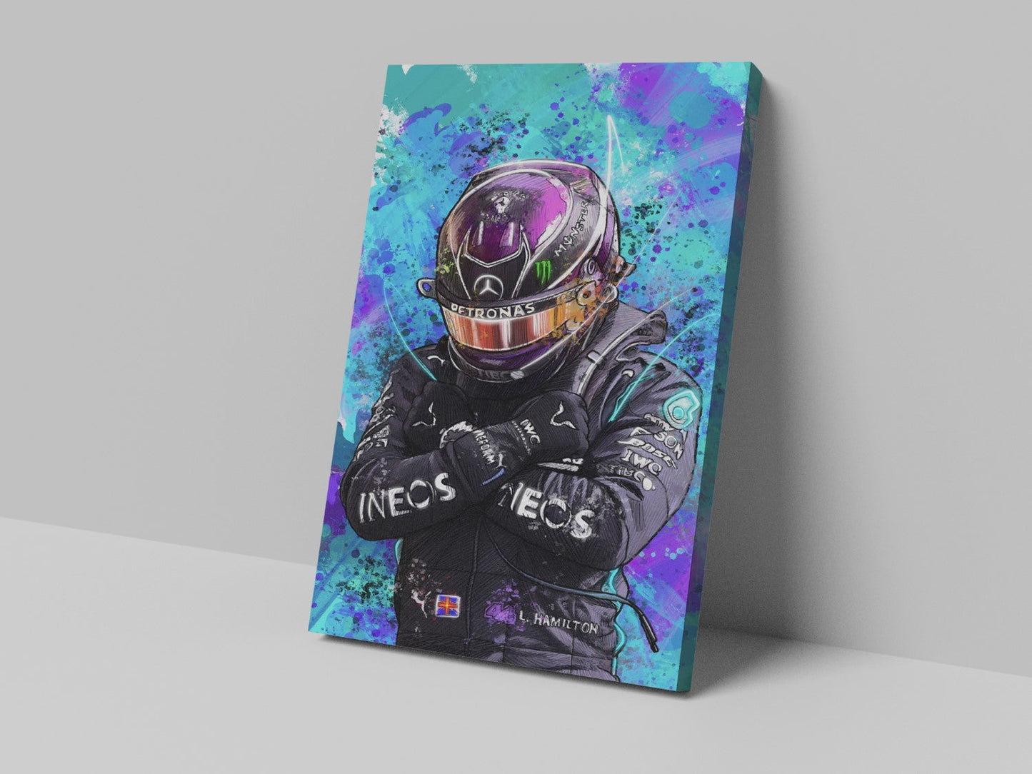 Lewis Hamilton standing with folded arms in his racing suit on a Formula 1 canvas print