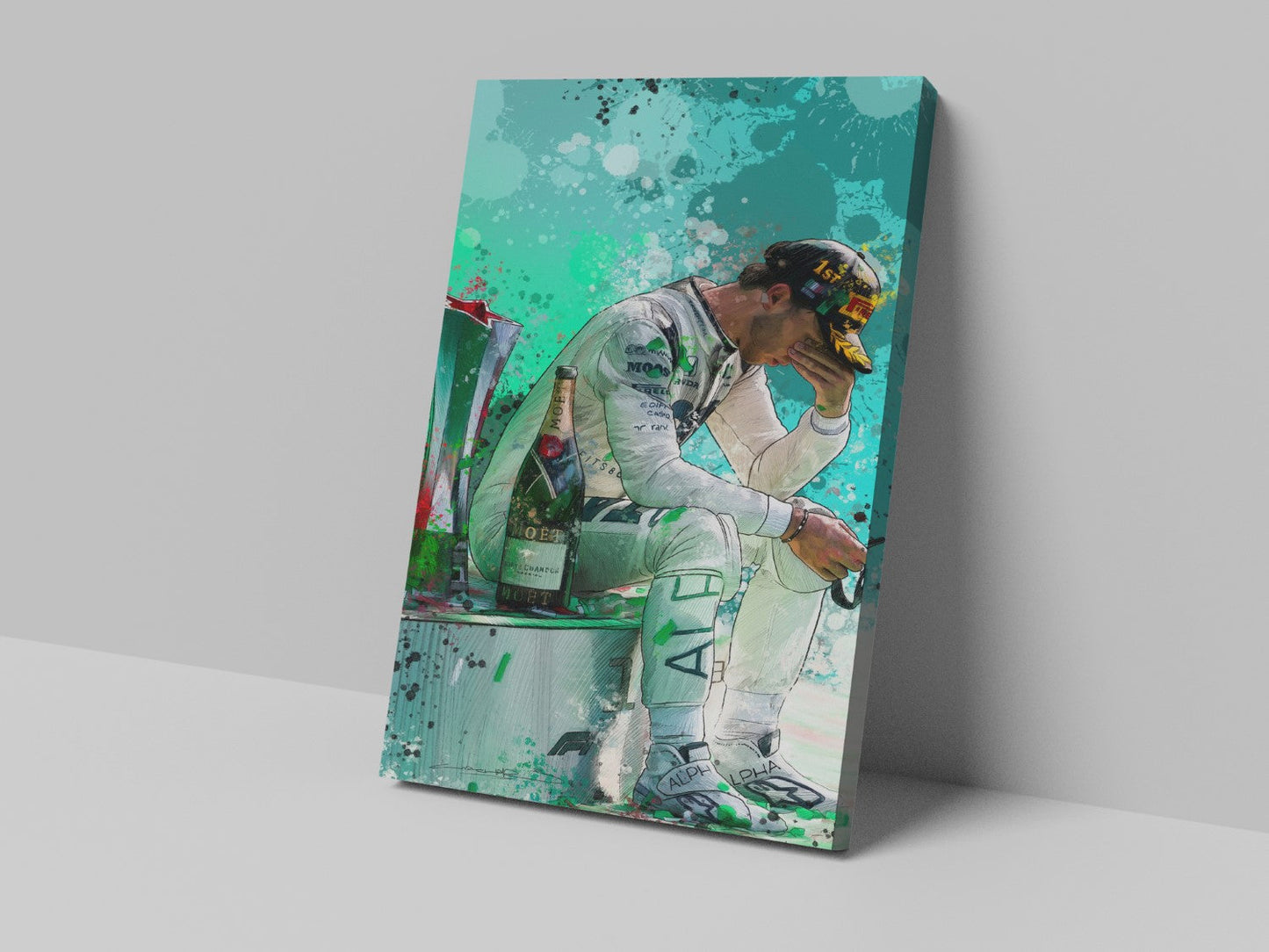 Pierre Gasly in his Formula 1 racing suit on a colourful canvas print