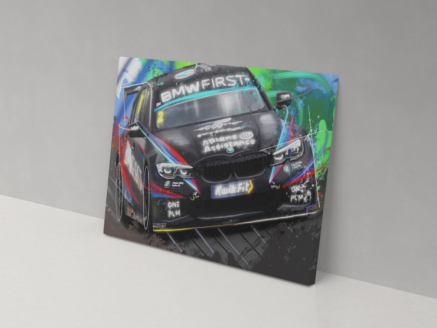 A canvas print featuring a colorful illustration of a BMW racing car with the text 'BMW FIRST' on the side.