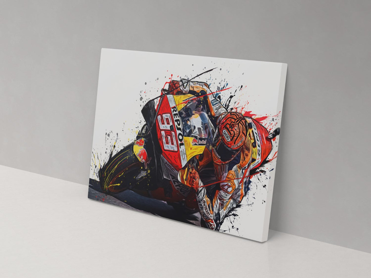 A canvas print featuring a colorful artistic depiction of a motorcycle racer in action.