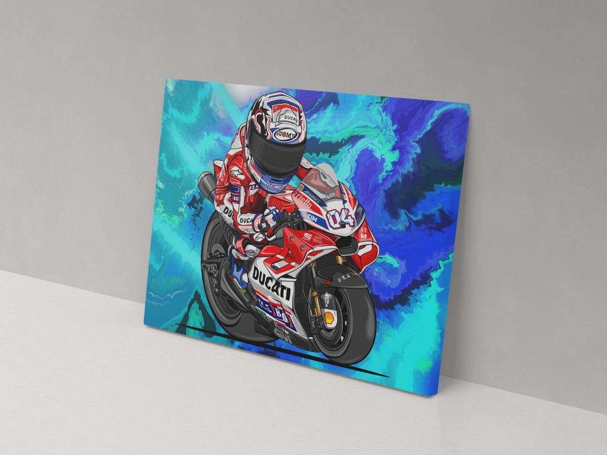 A canvas print featuring a cartoon depiction of a motorcycle racer in action on a multicolored background.