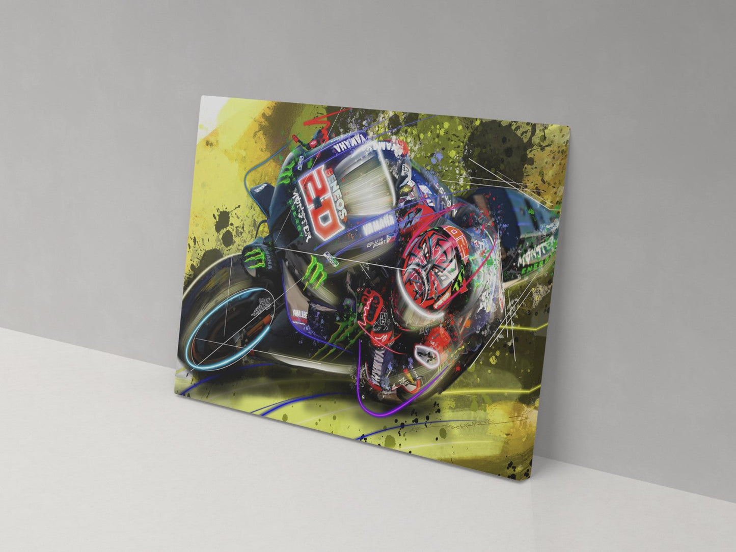 A canvas print featuring a colorful illustration of a motorcycle racer in action, with a focus on the rider's helmet and motorcycle details.