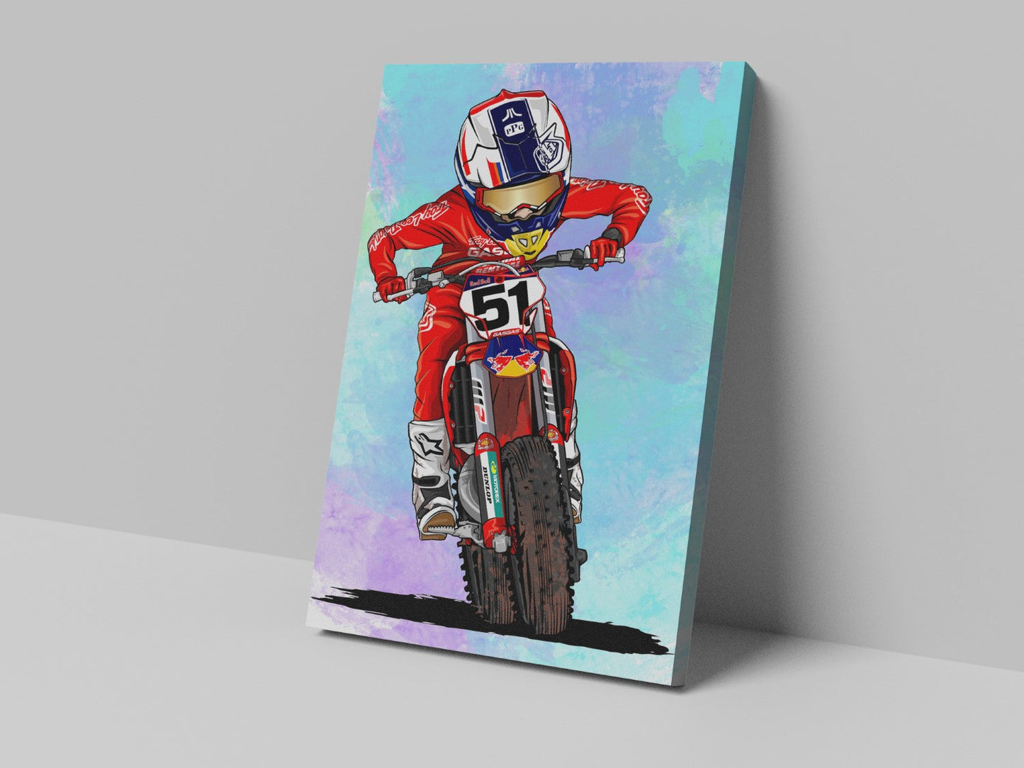 A canvas print of a cartoon depiction of a motocross rider in mid-action, wearing a red jersey and helmet, on a white background.