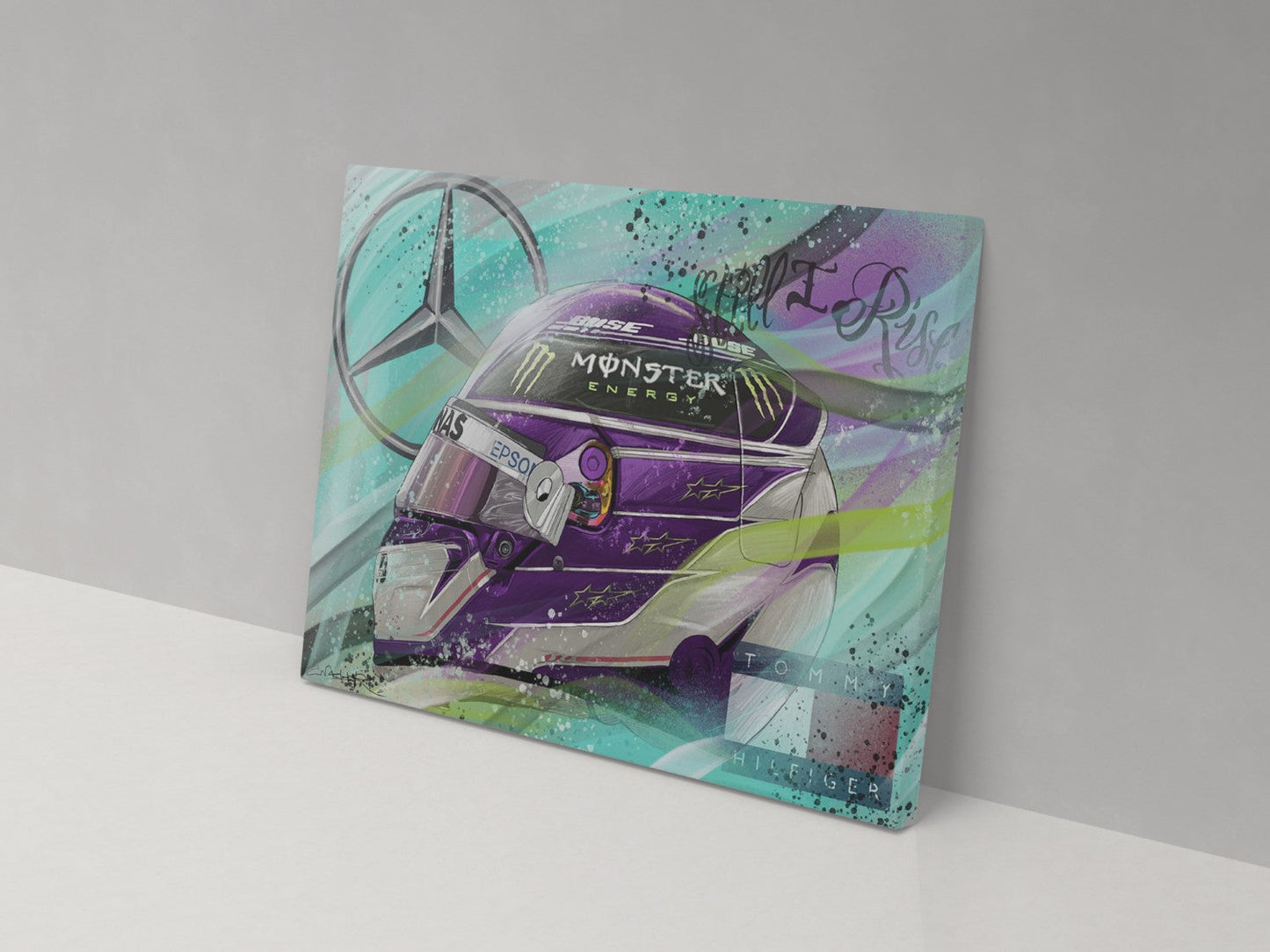 Lewis Hamilton 2020 Formula 1 racing helmet canvas print, displayed against a grey wall