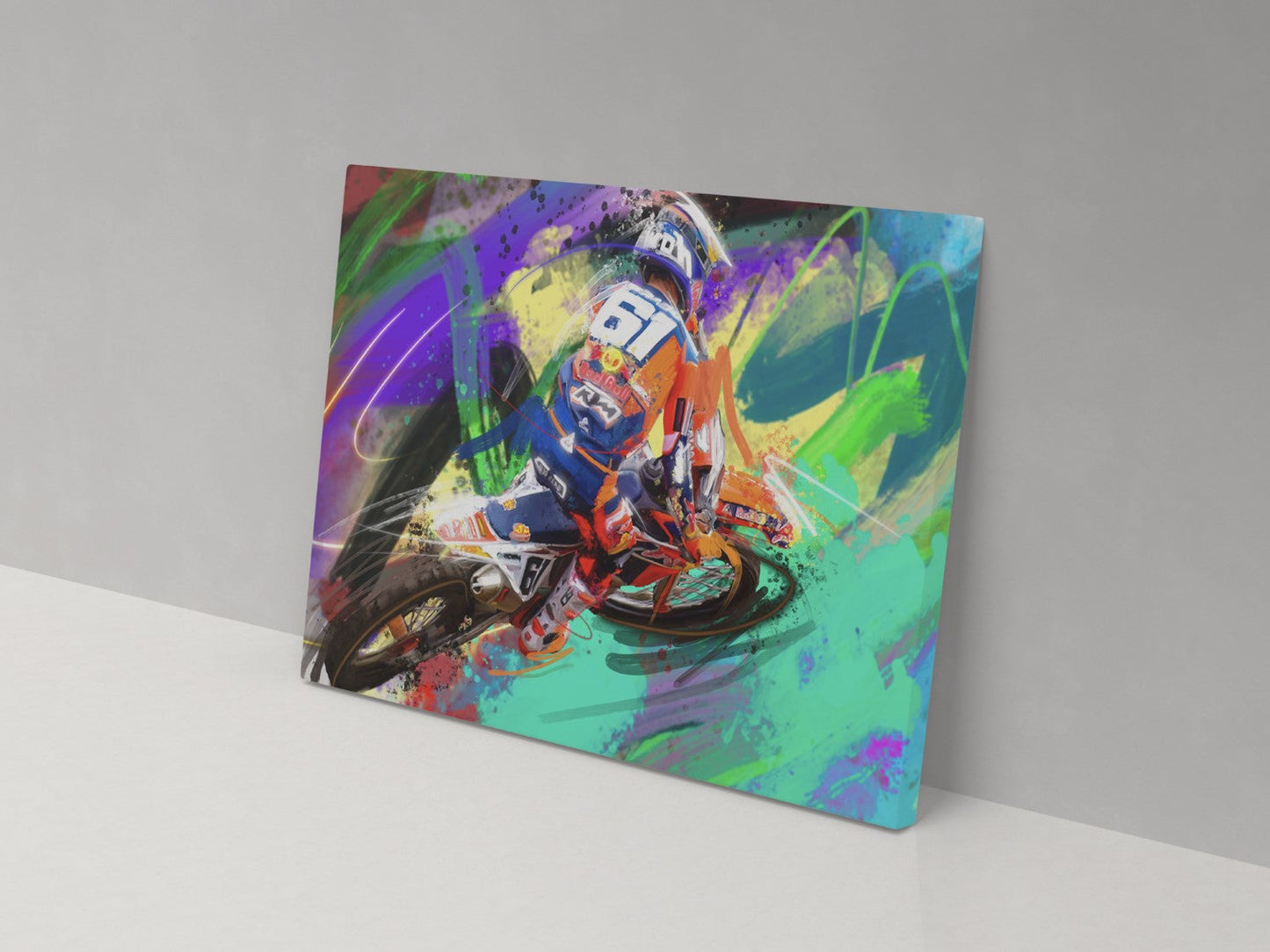 A canvas print featuring a colorful and dynamic illustration of a racing scene with multiple colors and elements.