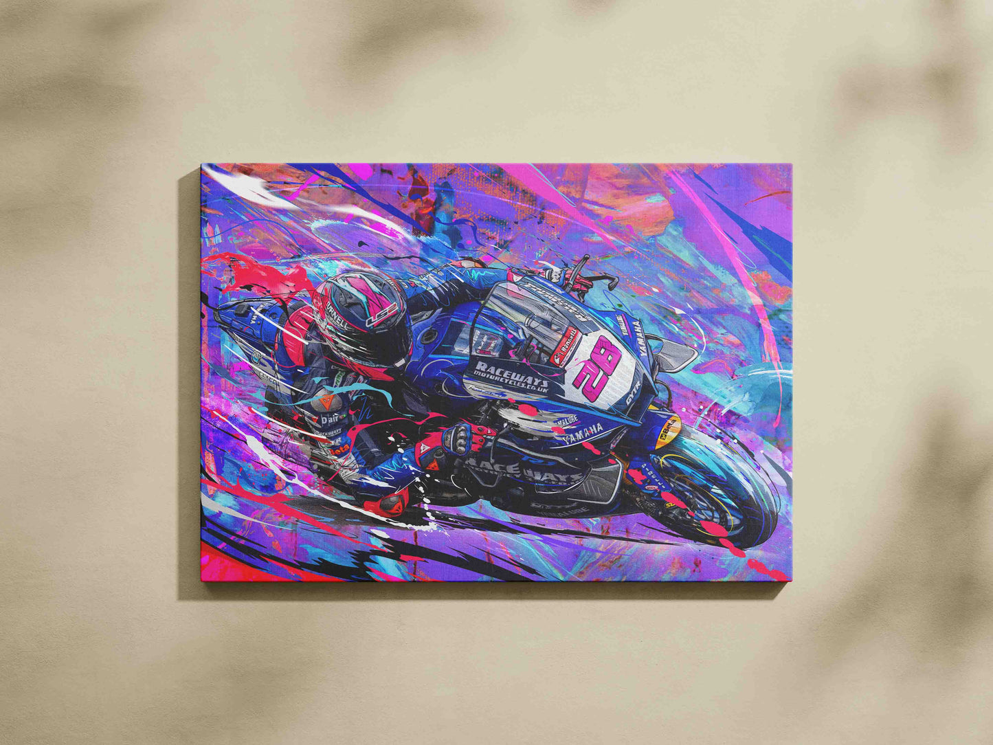 Bradley Ray racing the number 28 Yamaha in vivid blue and pink BSB canvas artwork.