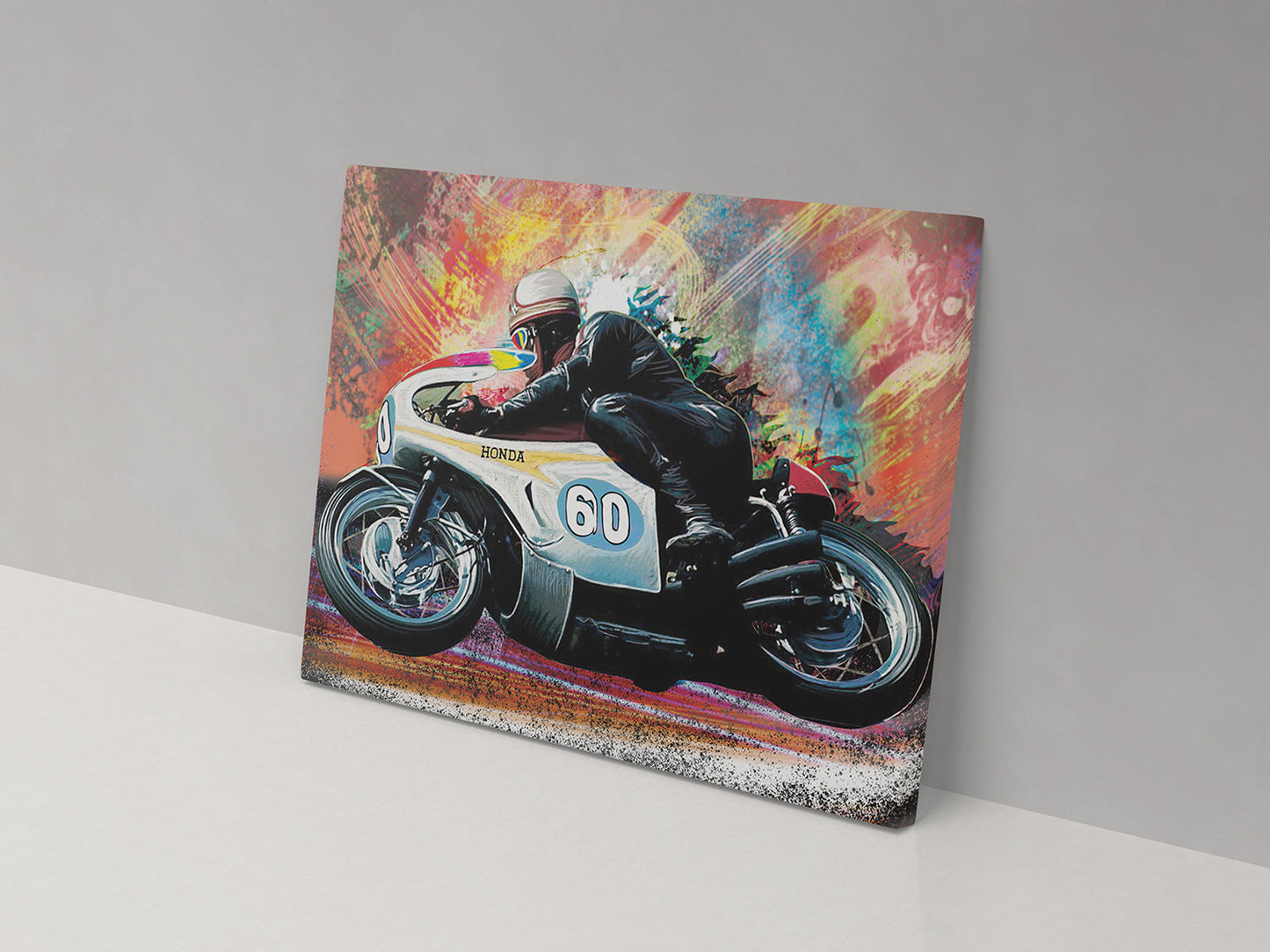 A canvas print featuring a colorful painting of a motorcycle racer on a number 60 motorcycle, with a dynamic and vibrant background.