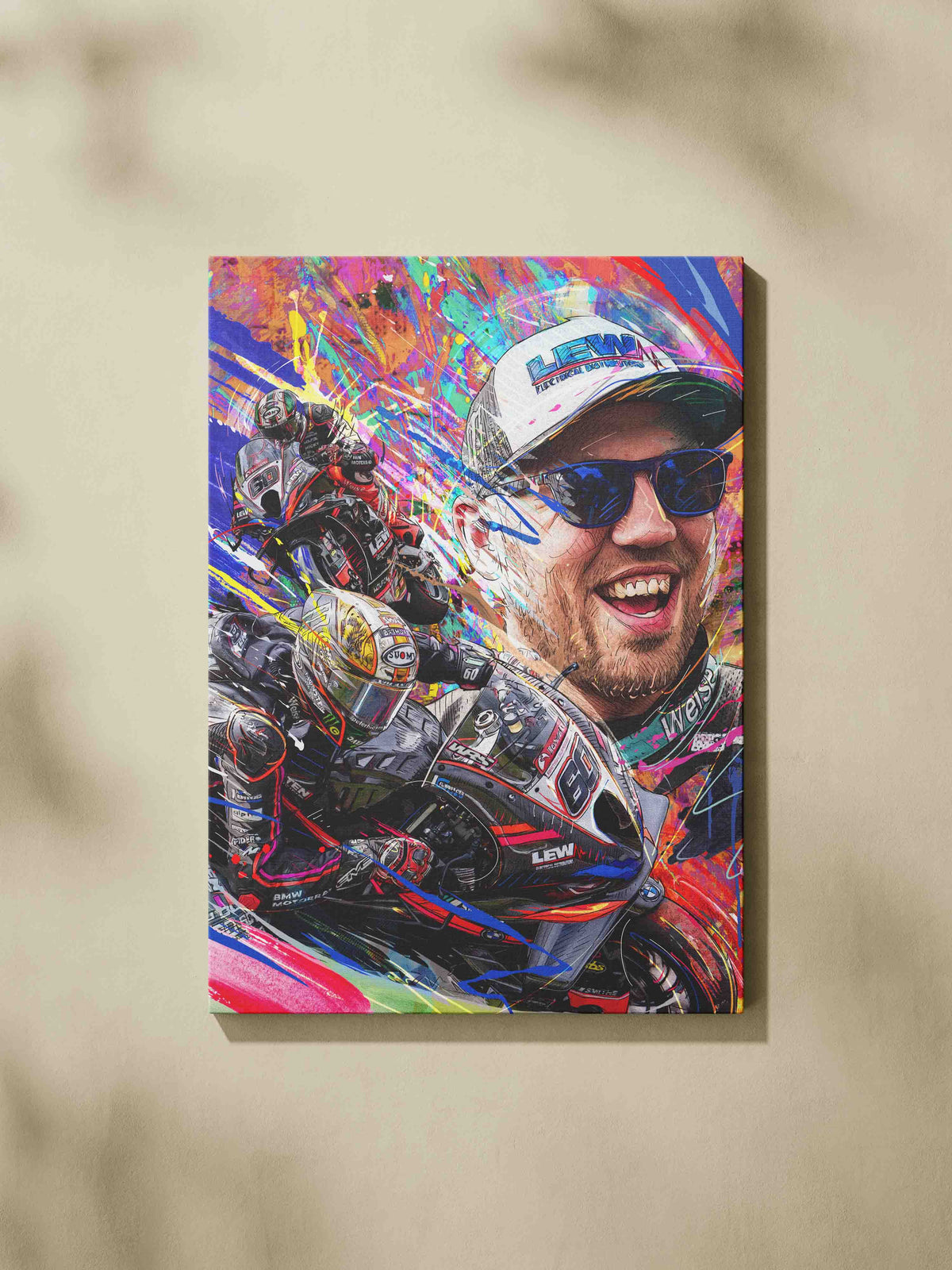 Peter Hickman portrait and number 60 BMW racing montage on a colourful canvas print.
