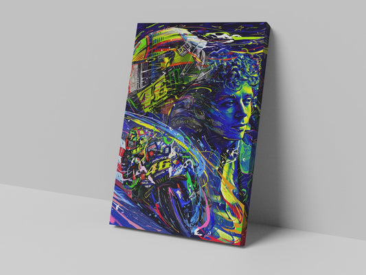 Valentino Rossi number 46 blue motorcycle racing artwork on a 14 × 20-inch canvas print