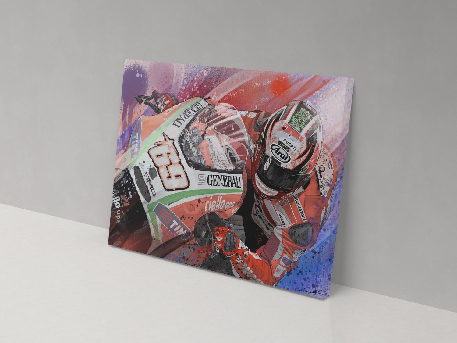 Nicky Hayden number 69 Ducati overhead motorcycle racing artwork on a 14 × 20-inch canvas print