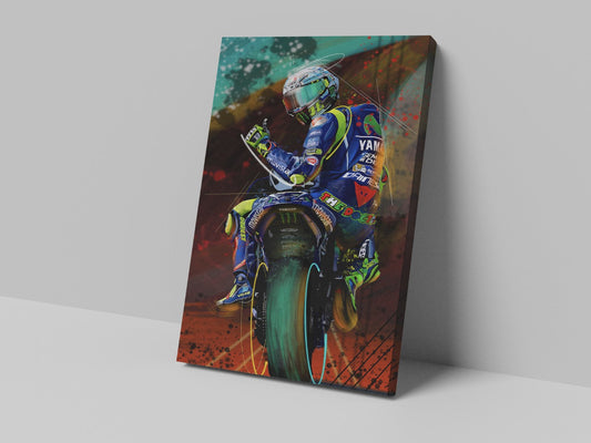 Valentino Rossi number 46 over-the-shoulder motorcycle racing artwork on a 14 × 20-inch canvas print