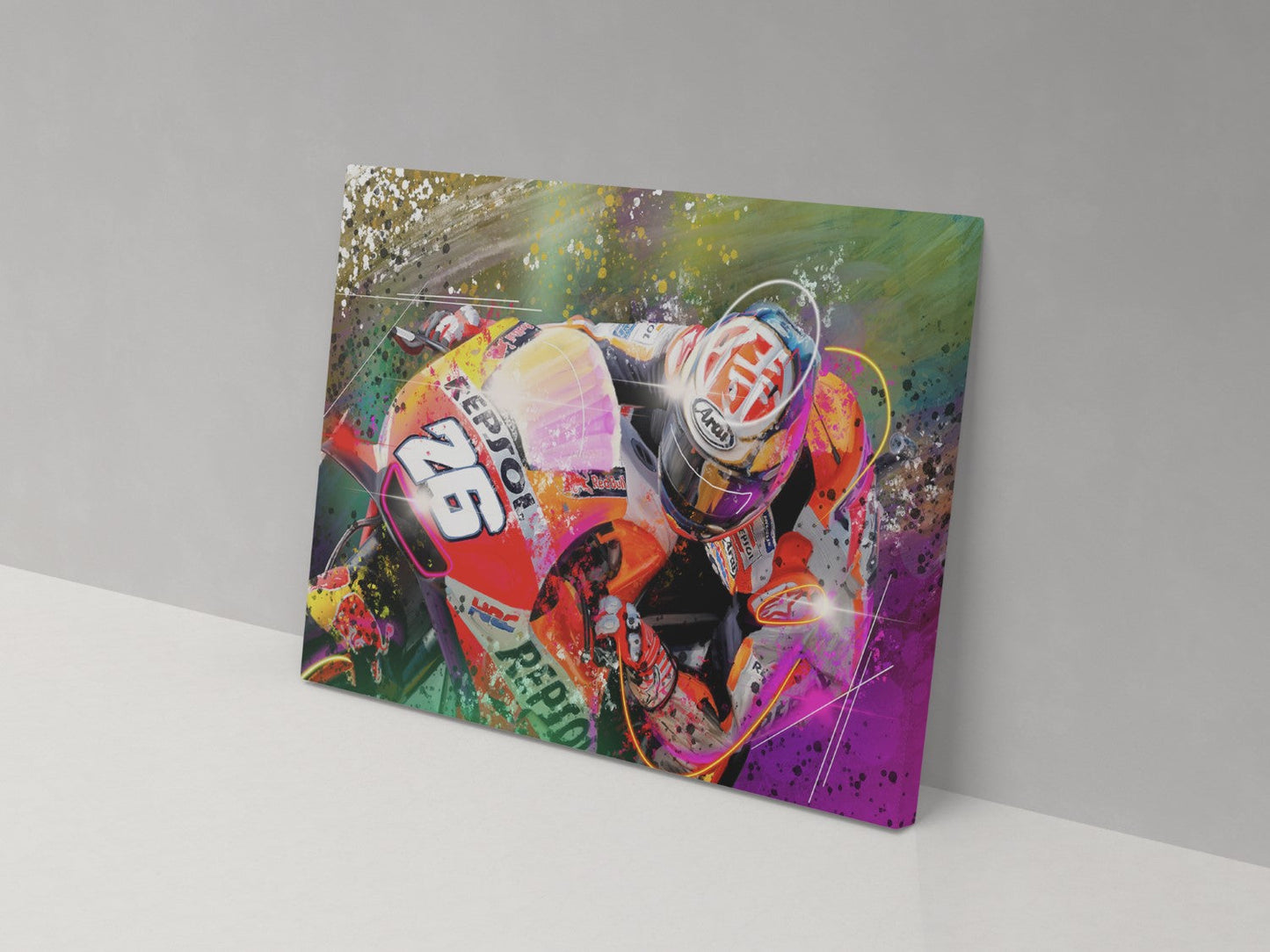 Dani Pedrosa number 26 overhead motorcycle racing artwork on a 14 × 20-inch canvas print