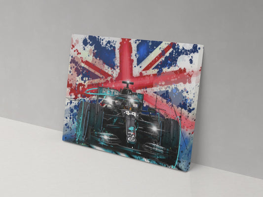 Lewis Hamilton number 44 Mercedes Formula 1 car canvas print with a Union Jack background, displayed against a grey wall