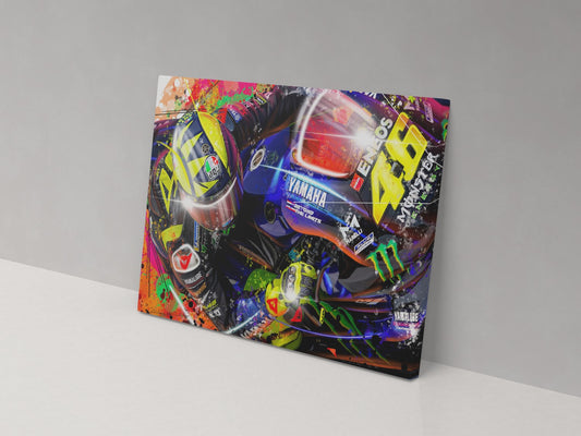 Valentino Rossi number 46 colourful motorcycle racing artwork on a 14 × 20-inch canvas print