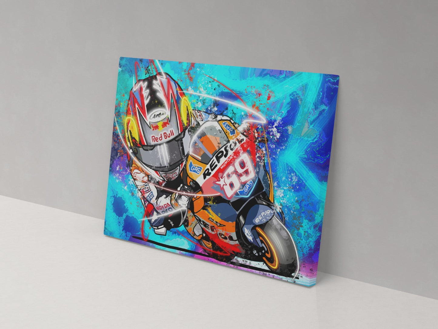 Nicky Hayden number 69 cartoon motorcycle racing artwork on a 14 × 20-inch canvas print