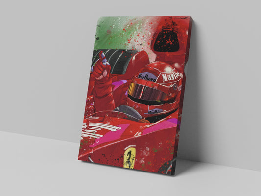Ferrari Formula 1 driver in a red racing helmet giving a thumbs-up on a portrait canvas print, displayed against a grey wall