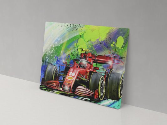 Charles Leclerc red number 16 Formula 1 car canvas print with a colourful abstract background, displayed against a grey wall
