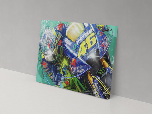 Valentino Rossi action motorcycle racing artwork on a 14 × 20-inch canvas print