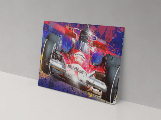James Hunt Formula 1 artwork on a canvas print, displayed against a grey wall