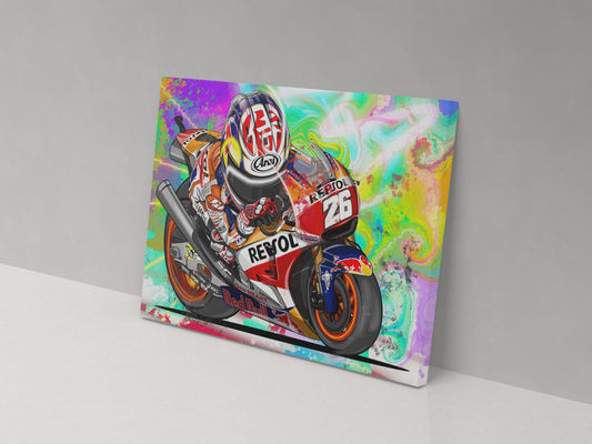 Dani Pedrosa number 26 side-view motorcycle racing artwork on a 14 × 20-inch canvas print