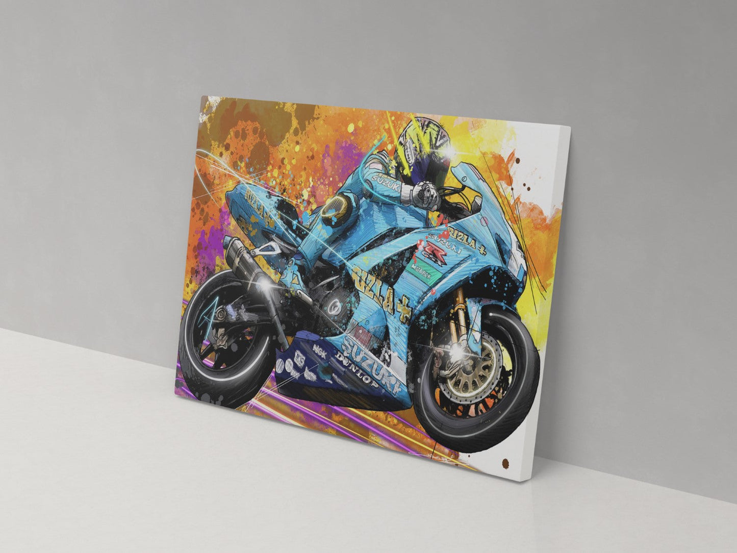 A canvas print featuring a colorful artistic depiction of a motorcycle with a dynamic, vibrant background.