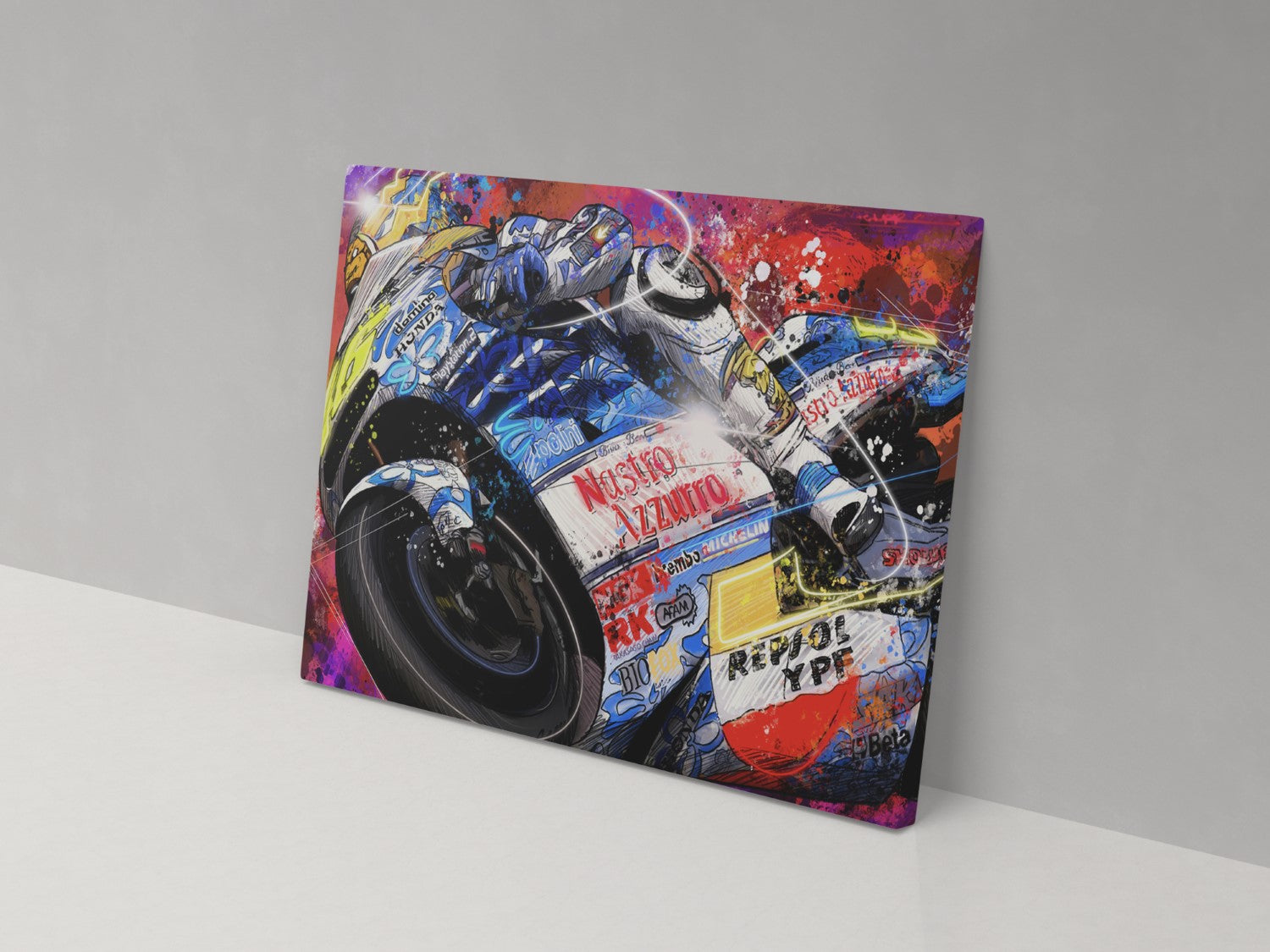 Valentino Rossi number 46 Nastro Azzurro motorcycle racing artwork on a 14 × 20-inch canvas print