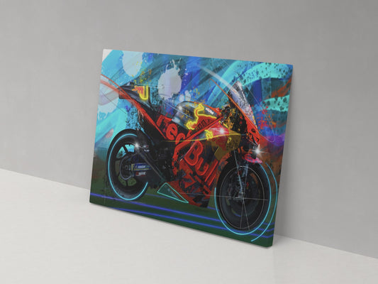 A canvas print featuring a colorful artistic depiction of a motorcycle with abstract and geometric patterns in the background.