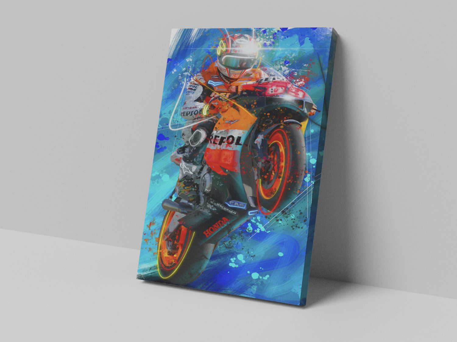 Nicky Hayden number 69 front-view motorcycle racing artwork on a 14 × 20-inch canvas print