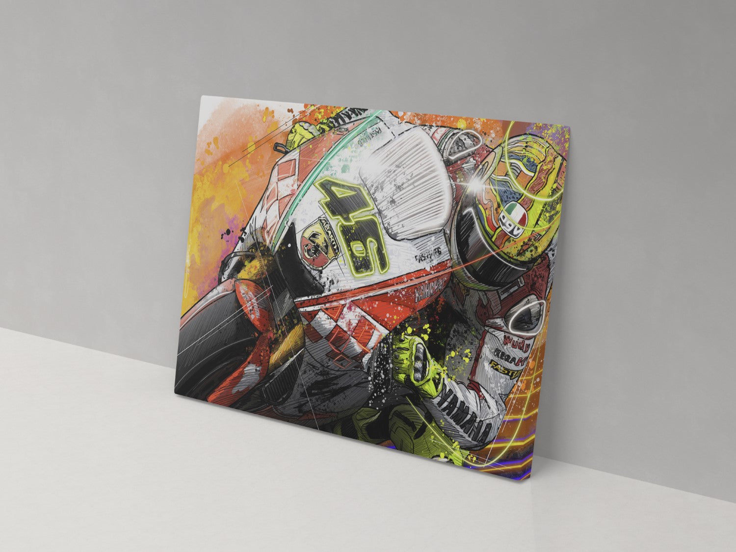 Valentino Rossi orange motorcycle racing artwork on a 14 × 20-inch canvas print