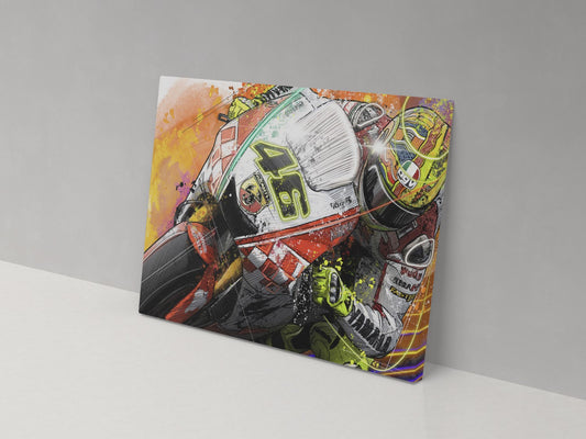 Valentino Rossi orange motorcycle racing artwork on a 14 × 20-inch canvas print