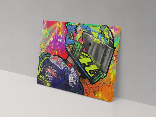 Valentino Rossi number 46 helmet artwork on a 14 × 20-inch canvas print