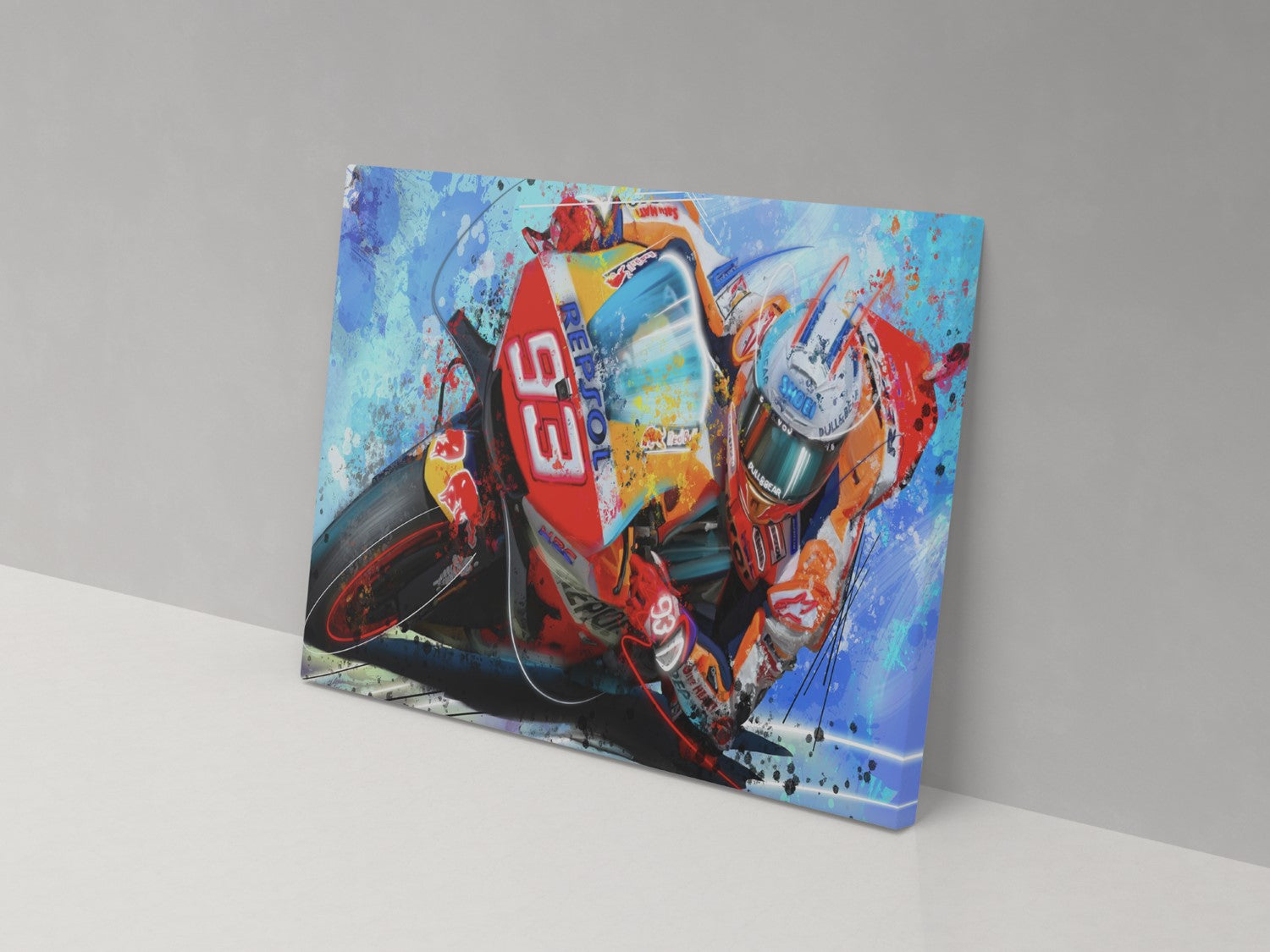 A canvas print featuring a colorful illustration of a motorcycle racer in motion.