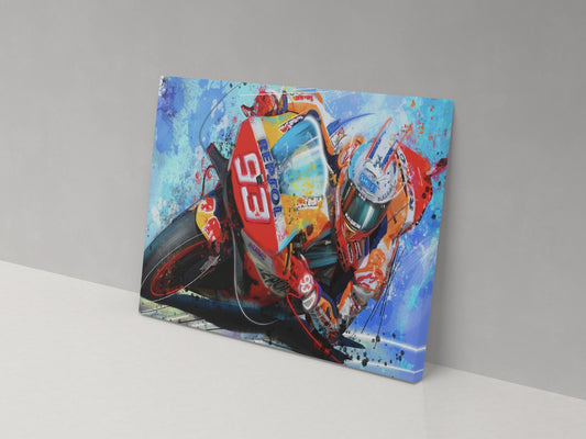 A canvas print featuring a colorful illustration of a motorcycle racer in motion.