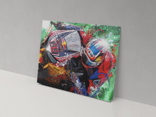 A canvas print featuring a colorful artistic representation of a motorcycle racer in full gear, with a prominent number '69'.