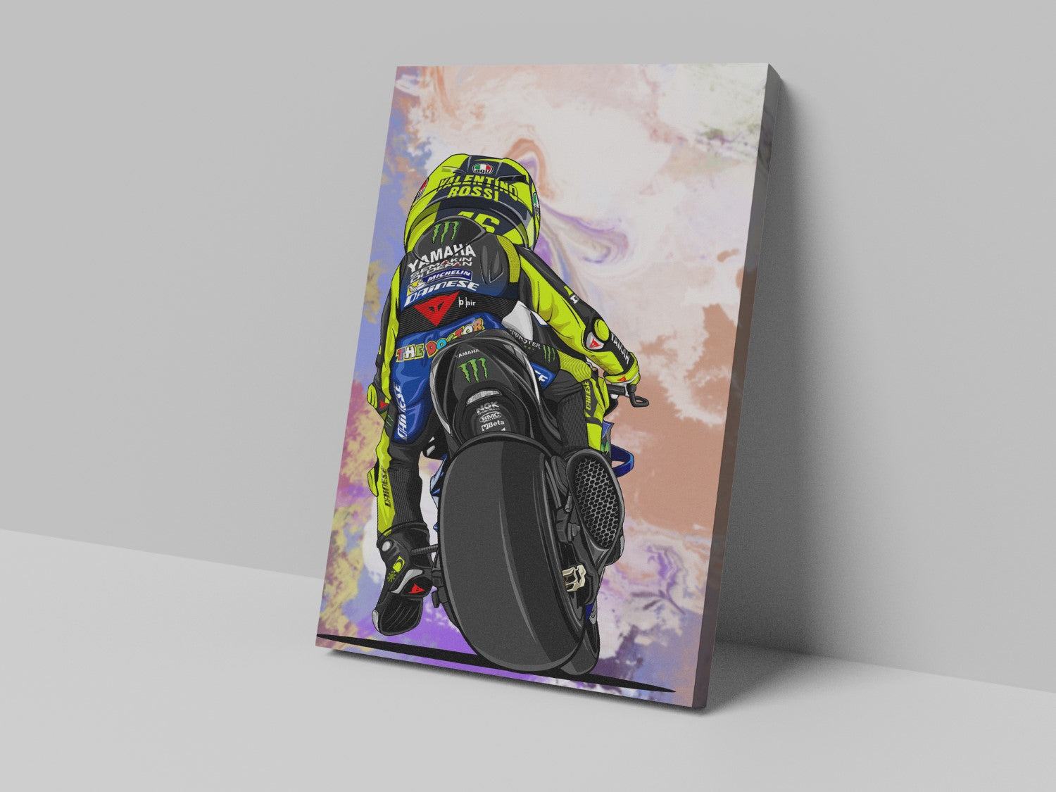 Valentino Rossi number 46 cartoon back-view artwork on a 14 × 20-inch canvas print