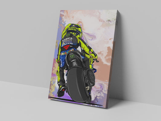 Valentino Rossi number 46 cartoon back-view artwork on a 14 × 20-inch canvas print