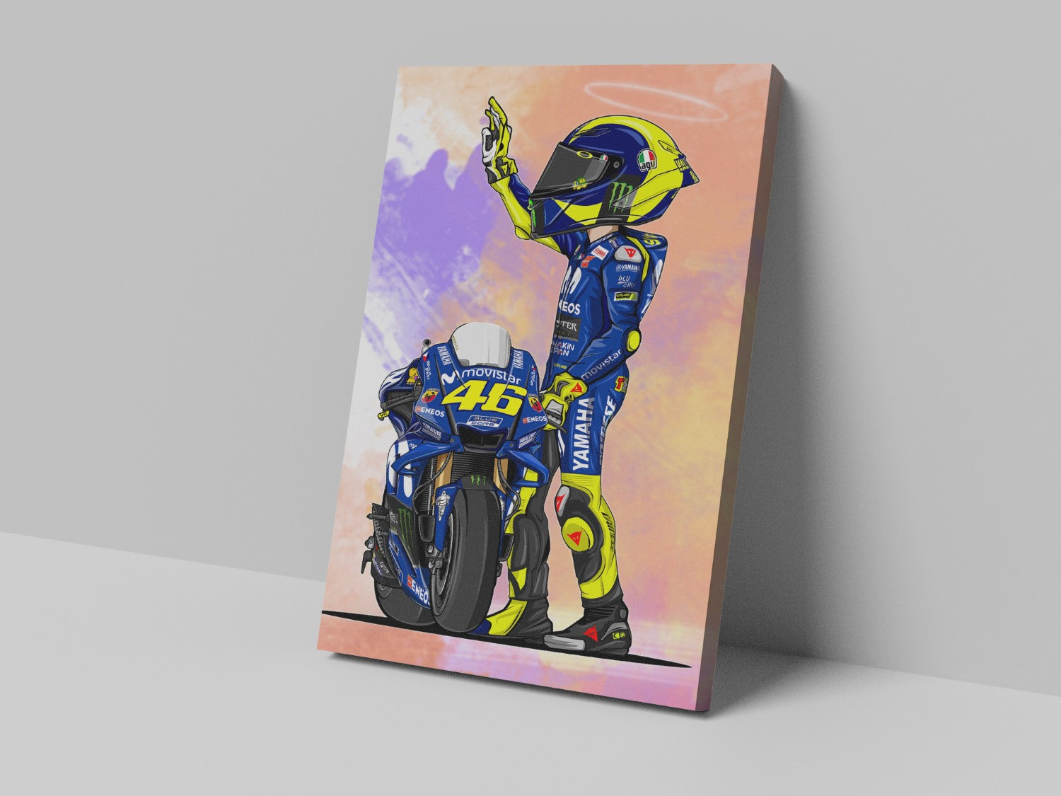 Valentino Rossi number 46 cartoon motorcycle racing artwork on a 14 × 20-inch canvas print