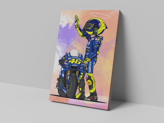 Valentino Rossi number 46 cartoon motorcycle racing artwork on a 14 × 20-inch canvas print