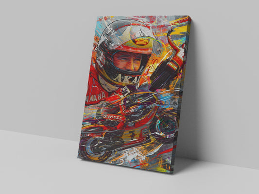 Barry Sheene classic Grand Prix motorcycle racing artwork on a 14 × 20-inch canvas print