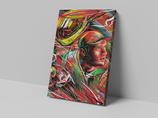Tommy Bridewell rider and helmet portrait in red, green and yellow canvas artwork.
