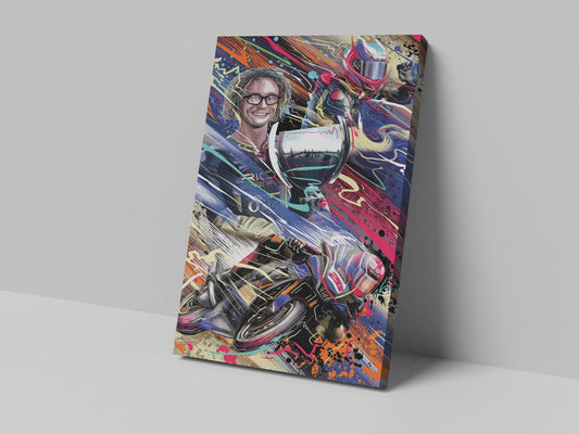 Bradley Ray portrait, trophy and British Superbike racing montage on a vertical canvas.