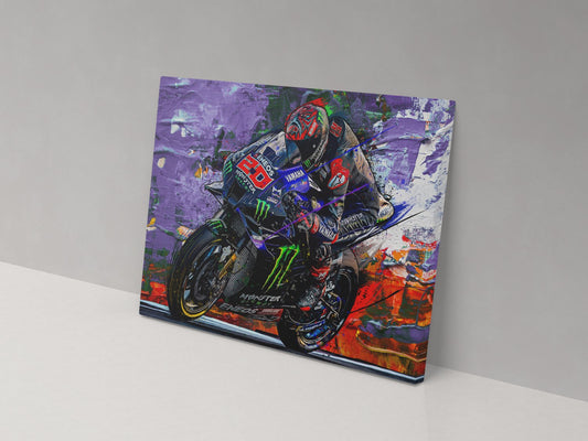 A canvas print featuring a colorful artistic depiction of a motorcycle racer in action.