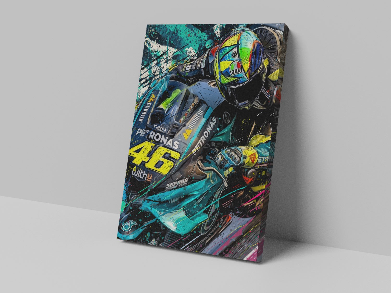 Valentino Rossi number 46 Petronas MotoGP artwork on a 14 × 20-inch canvas print