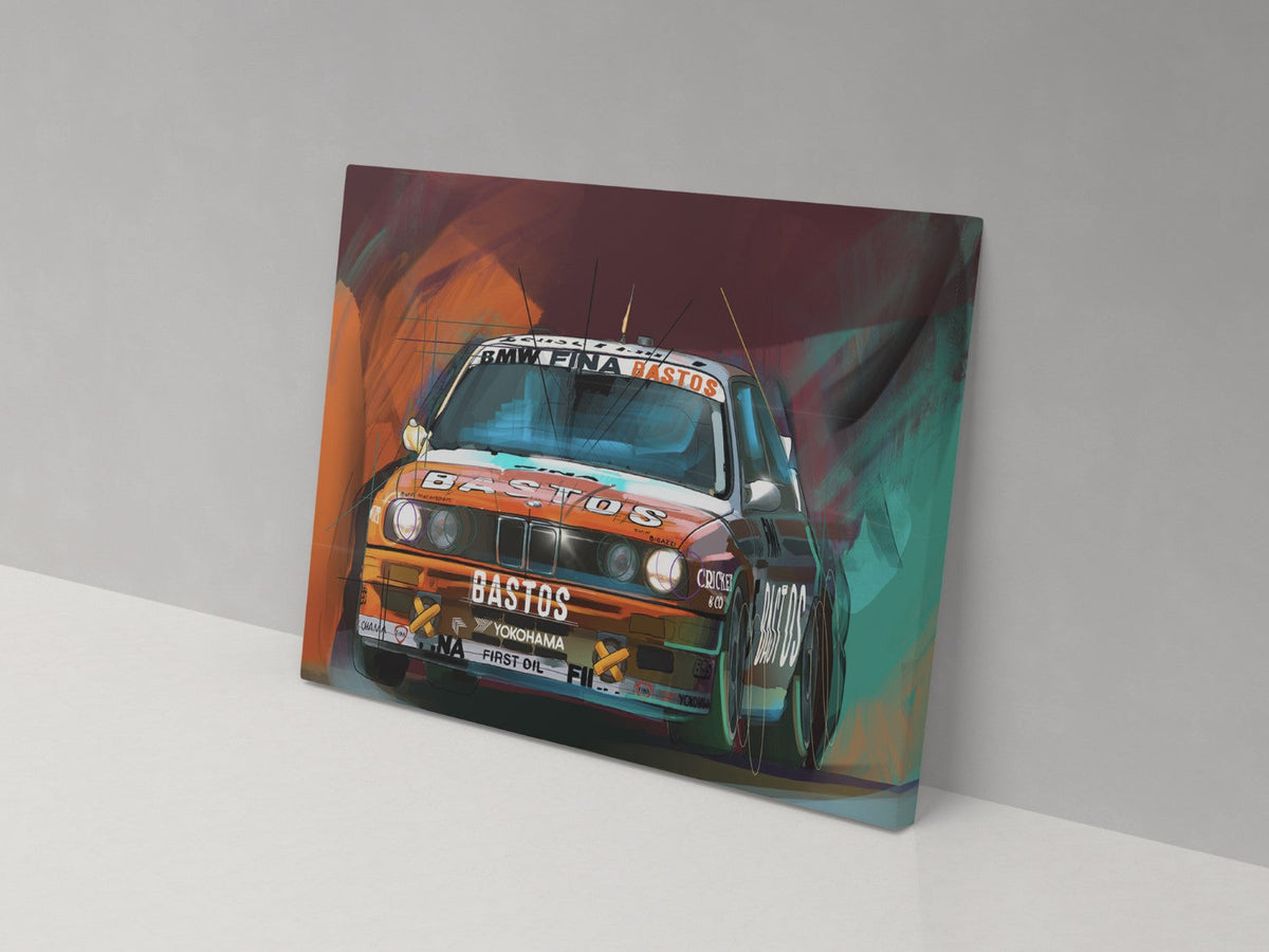 Bastos-liveried racing car artwork on a 14 × 20-inch canvas print