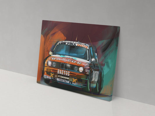 Bastos-liveried racing car artwork on a 14 × 20-inch canvas print