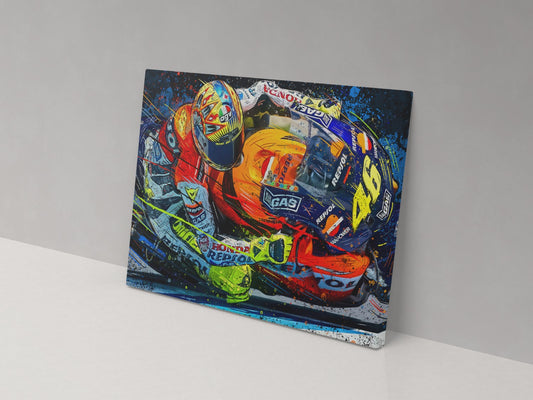 Valentino Rossi number 46 orange MotoGP artwork on a 14 × 20-inch canvas print